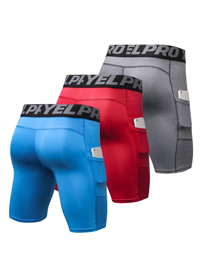 3 Pack  Compression Shorts Light Blue/Gray/Red - Image 2
