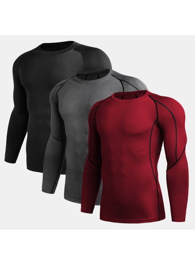 مجموعة تيشيرتات رياضية ضاغطة بأكمام طويلة من 3 قطع أسود / رمادي / أحمر - Image 1