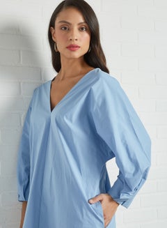 MANGO Popelin Puffed Sleeve Dress Light Pasatel Blue  - Image 2