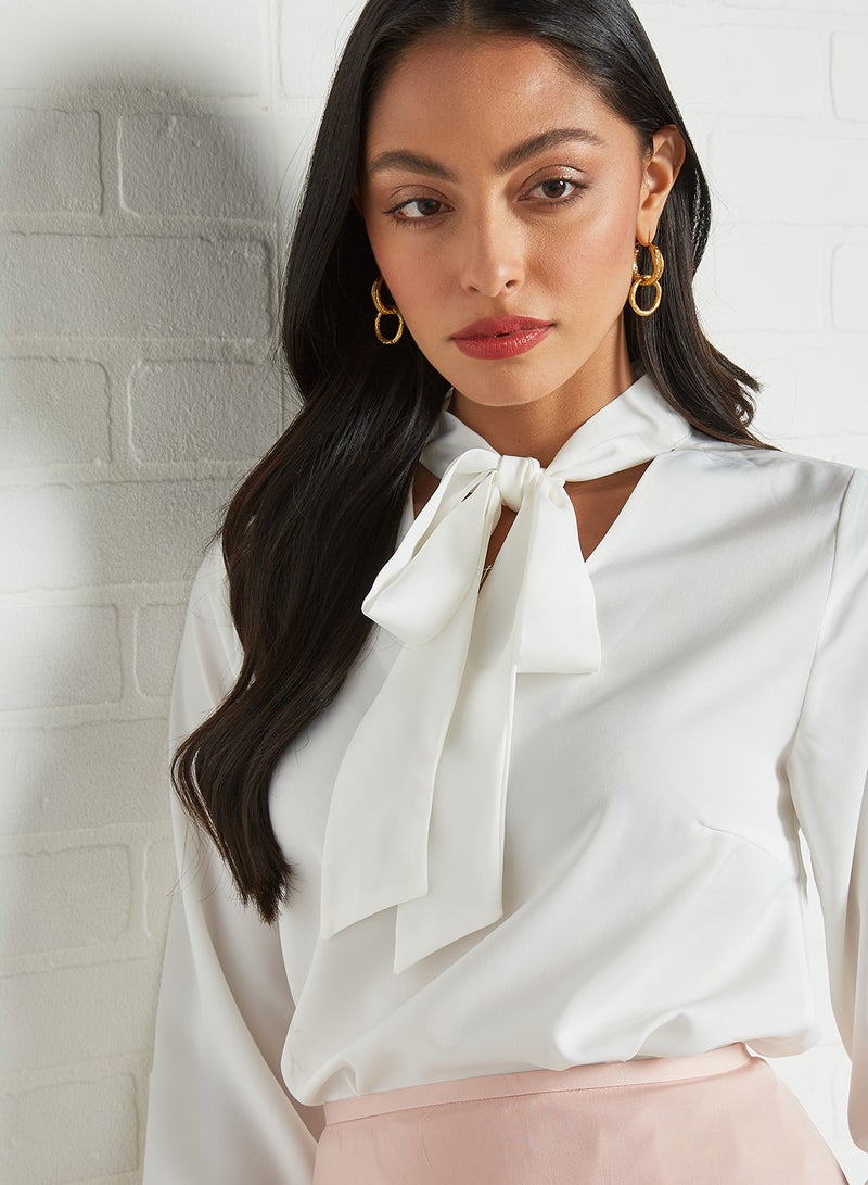 Aila The Elements Neck Tie Long Sleeves Top White - Image 3
