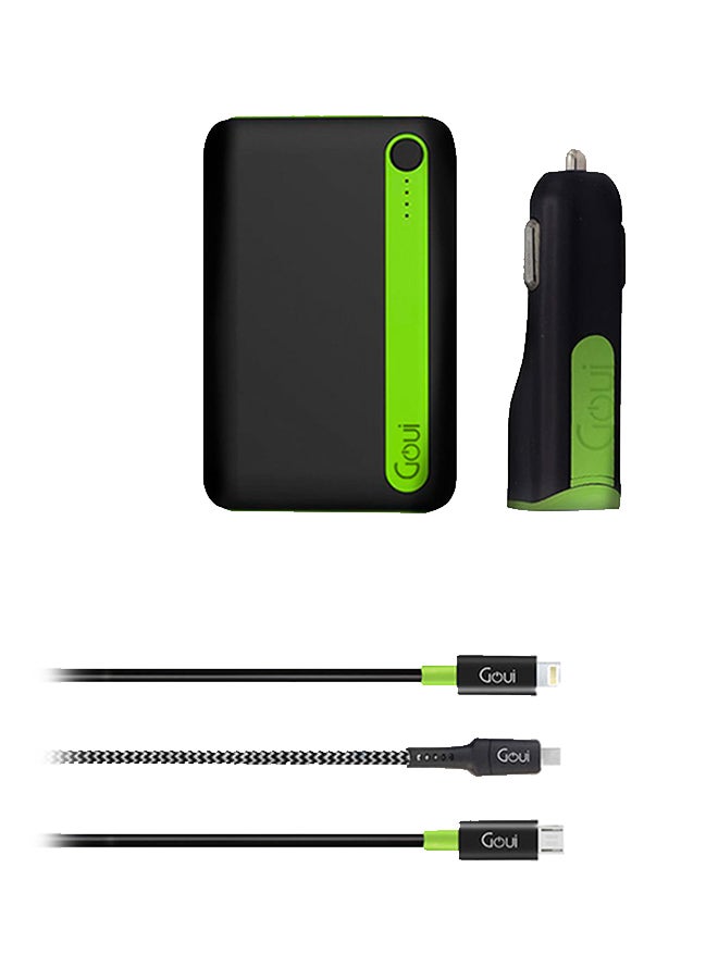جوي باور بنك إيكون 10 بسعة 10000 مللي أمبير ساعة مع شاحن سيارة فايبر-إم/كابل Lightening/كابل Type-C/كابل مايكرو USB أسود/أخضر - Image 1