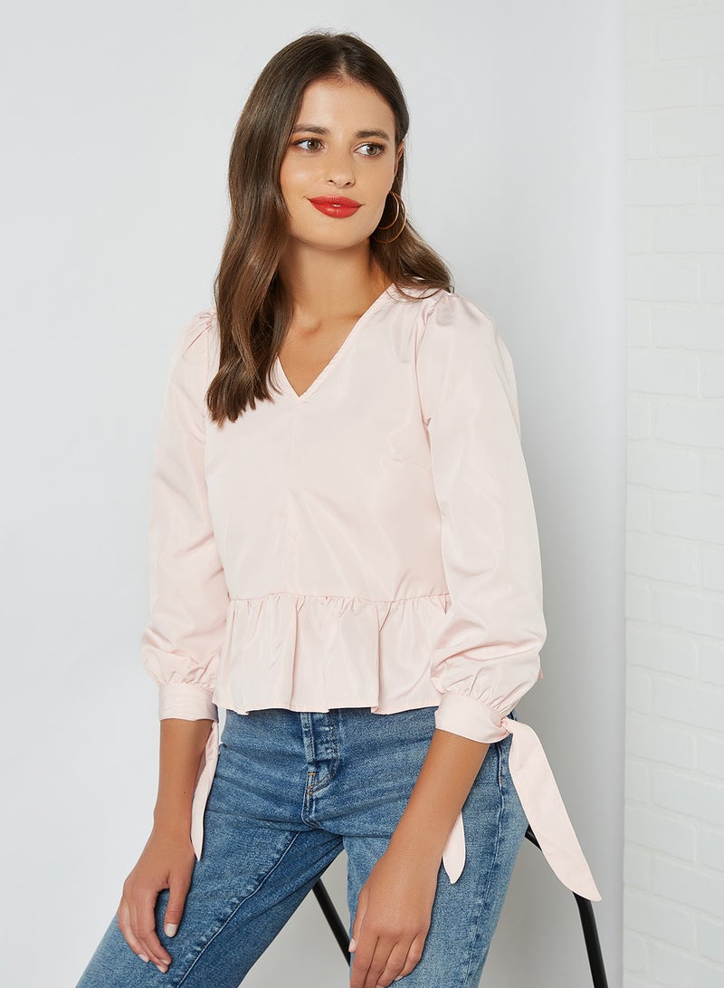 Aila V-Neck With Bow Cuff Top Beige - Image 1