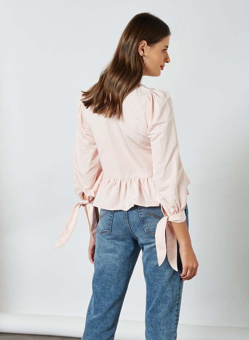 Aila V-Neck With Bow Cuff Top Beige - Image 2