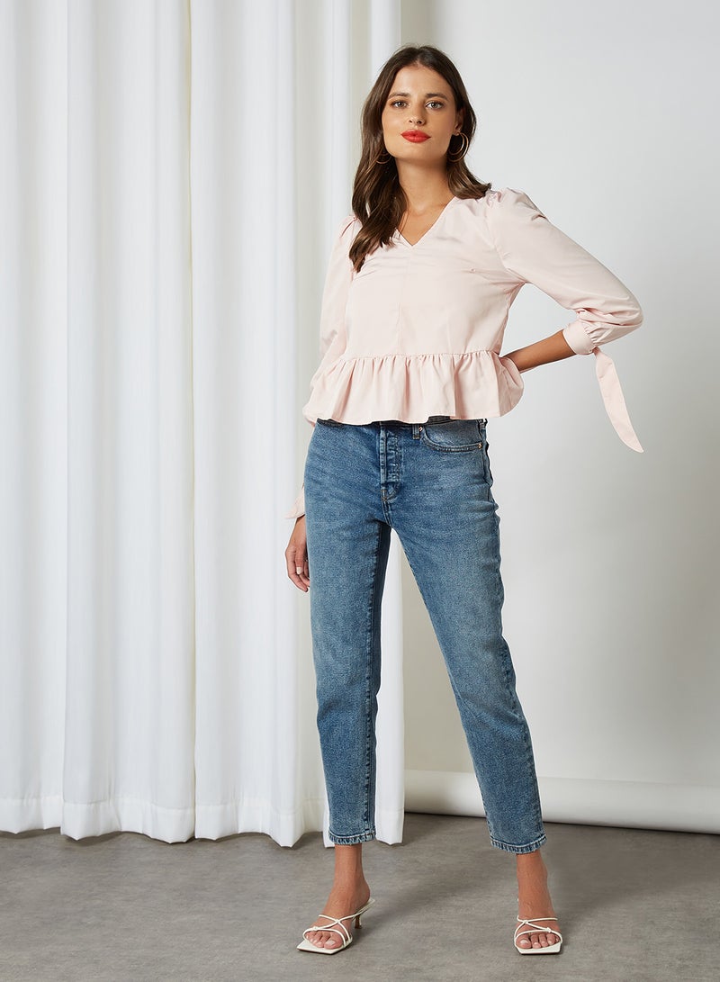 Aila V-Neck With Bow Cuff Top Beige - Image 3
