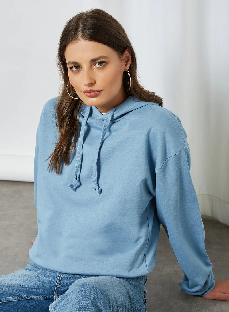 NA-KD Long Sleeve Hoodie Faded Denim