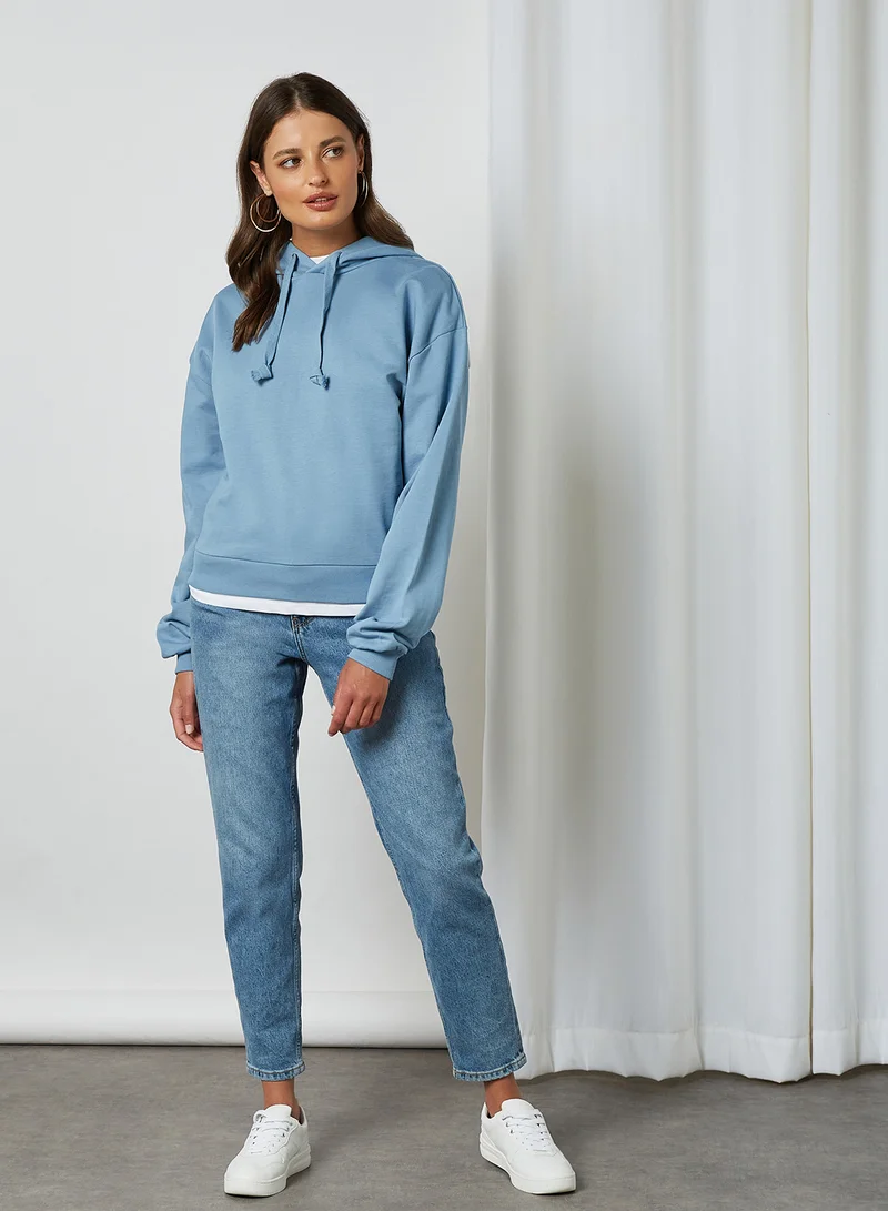 NA-KD Long Sleeve Hoodie Faded Denim