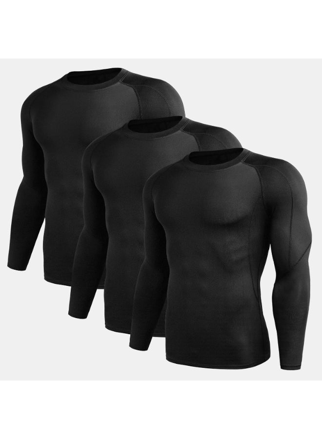 3-Piece Compression Workout Long Sleeves T-Shirt Set Black - Image 1