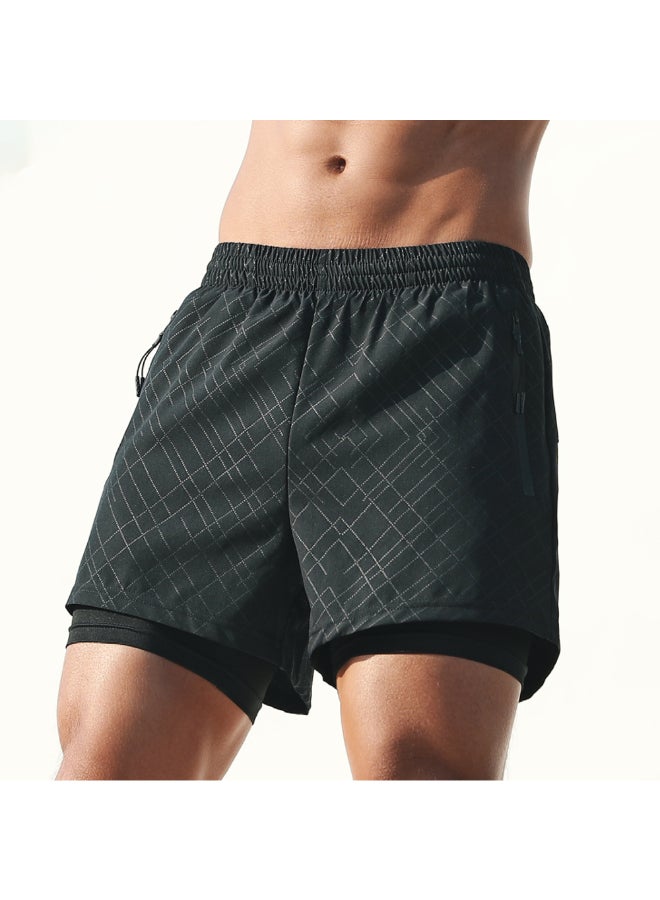 2-In-1 Pockets Compression Liner Sports Shorts Black  - Image 1