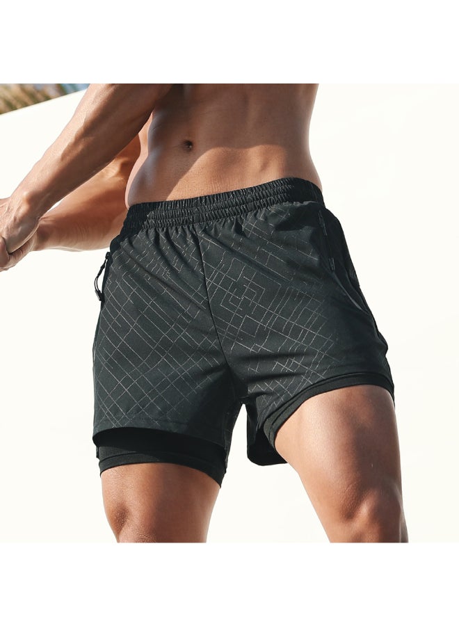 2-In-1 Pockets Compression Liner Sports Shorts Black  - Image 2