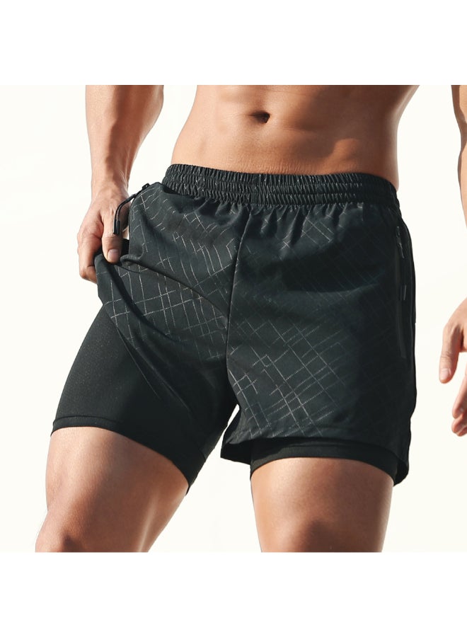 2-In-1 Pockets Compression Liner Sports Shorts Black  - Image 3
