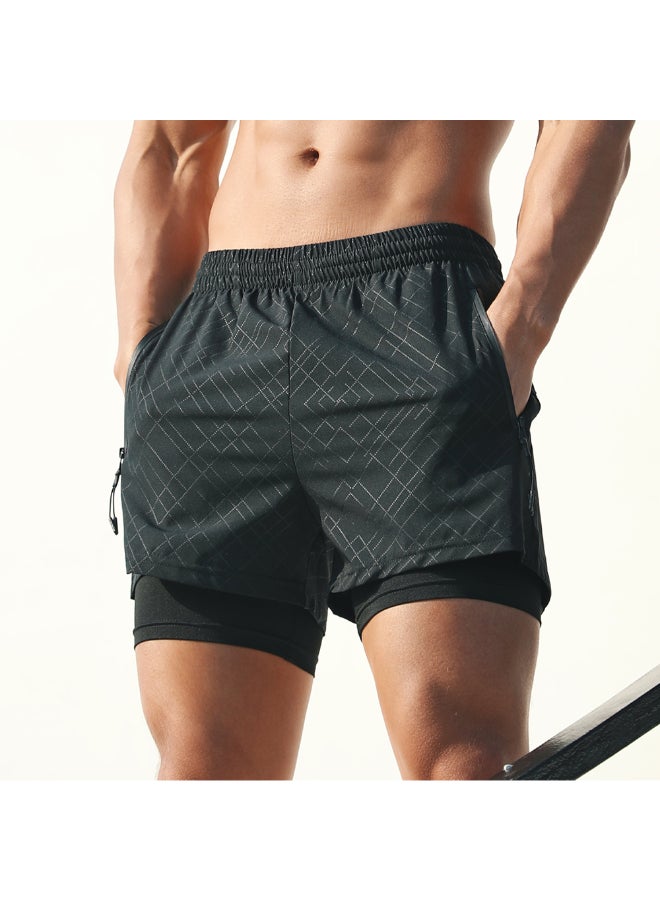 2-In-1 Pockets Compression Liner Sports Shorts Black  - Image 4