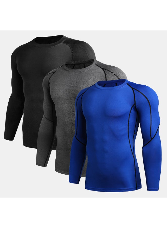 3-Piece Performance Long Sleeved Sport T-Shirt Set Black/Grey/Blue