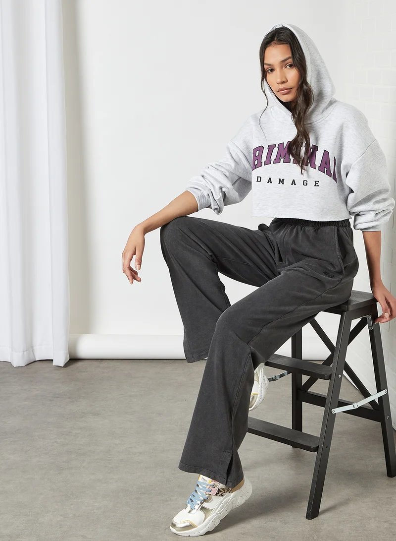 CRIMINAL DAMAGE Crop Spellout Hoodie Grey Marl