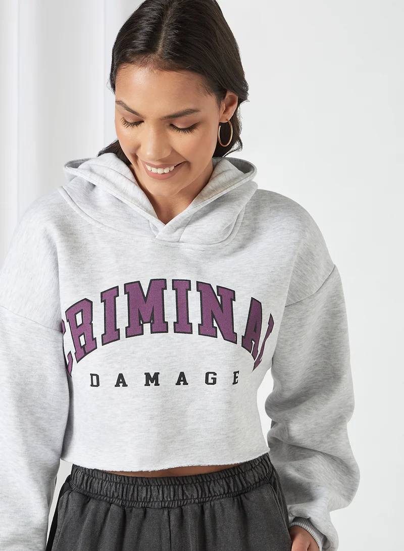 CRIMINAL DAMAGE Crop Spellout Hoodie Grey Marl