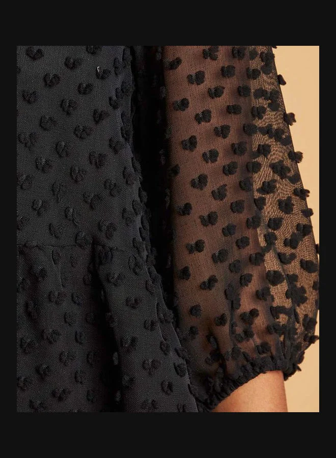 Closet By Styli Dobby Spot  Sleeves Peplum Blouse Black