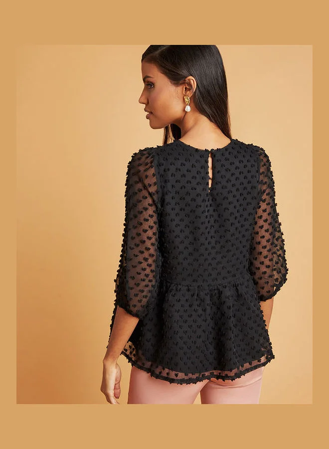 Closet By Styli Dobby Spot  Sleeves Peplum Blouse Black