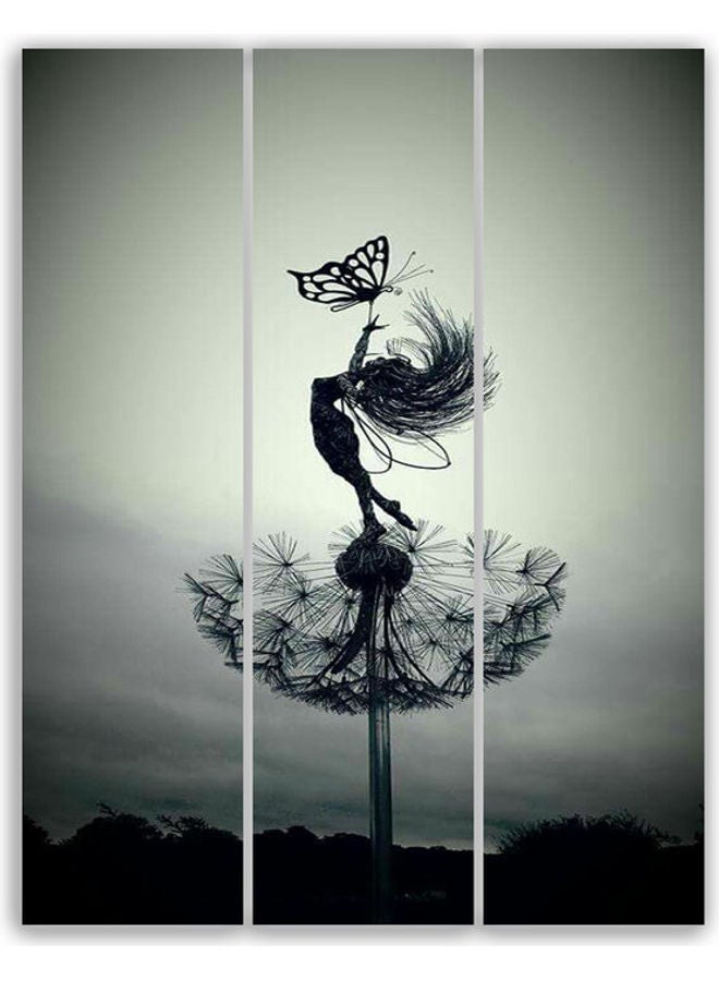 3-Piece Girl On Flower Drawing Abstract Printing MDF Wall Art Grey/Black L  - Image 1
