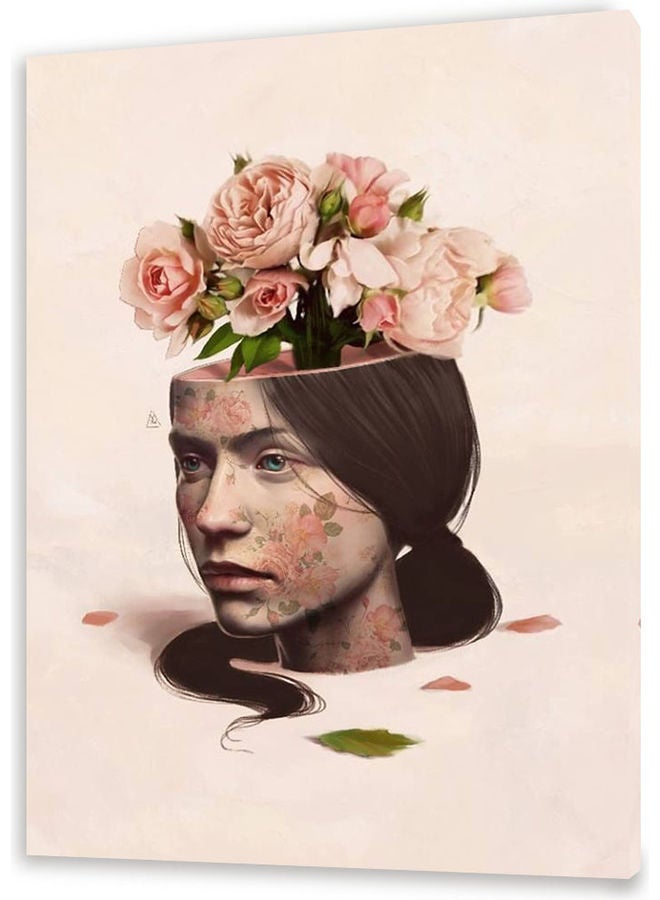 Girl And Bouquet Of Flower Themed Canvas Wall Art Pink/Brown/Green S - Image 1