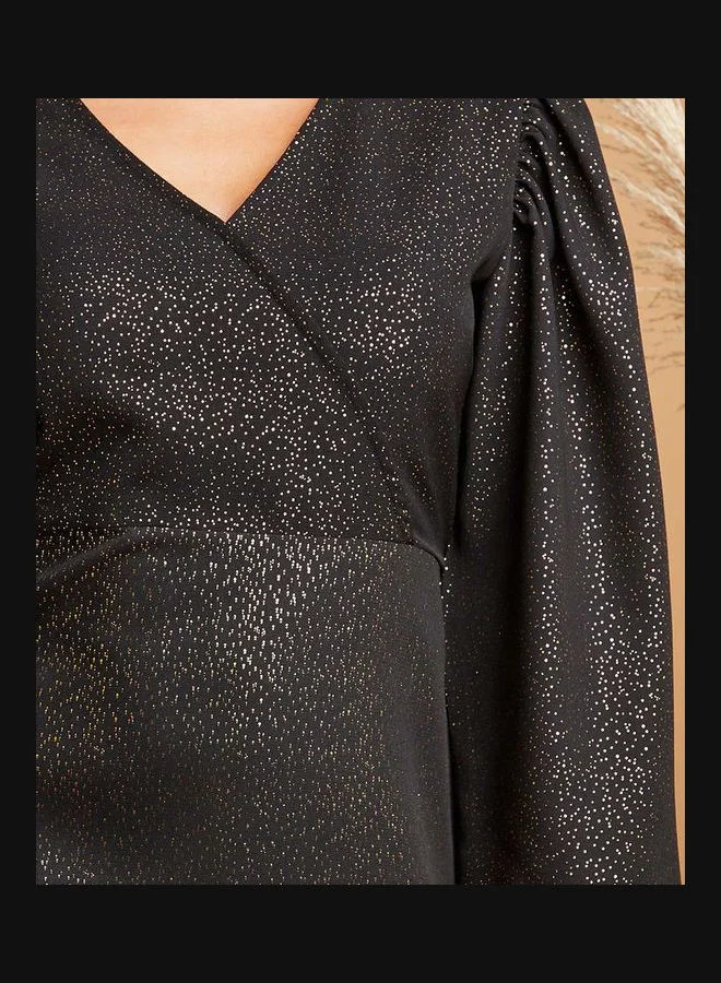 Closet By Styli Metallic Foil V Neck Midi Dresses Black