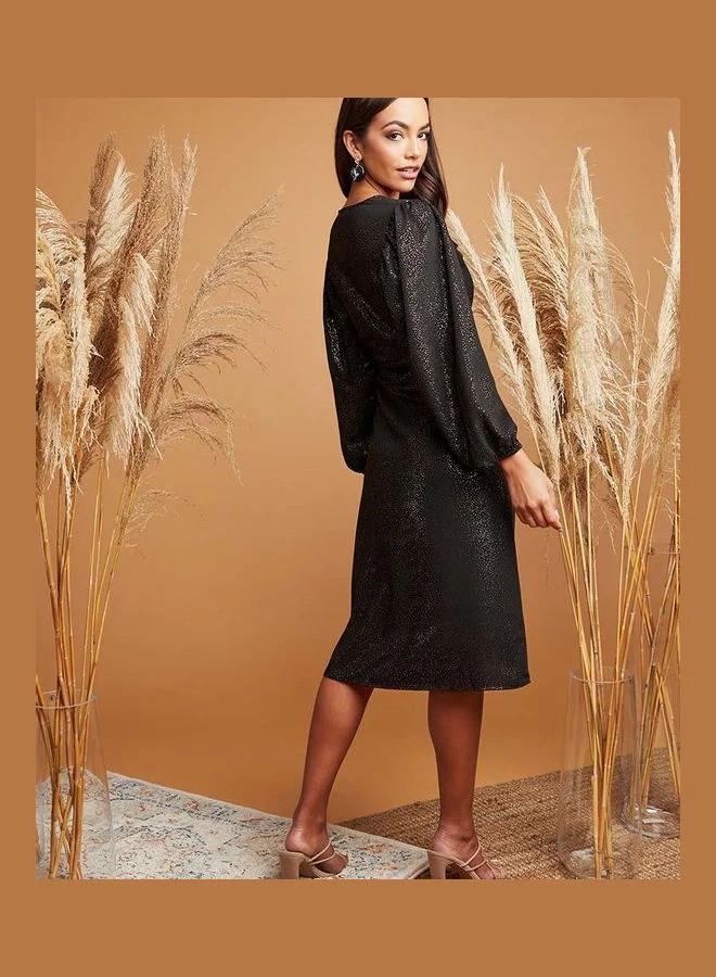 Closet By Styli Metallic Foil V Neck Midi Dresses Black