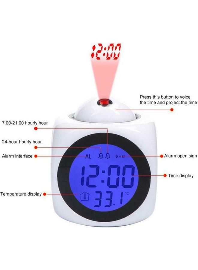 Toshionics - LCD Projection Voice Talking Digital Alarm Clock White 10x8x8cm - Image 1