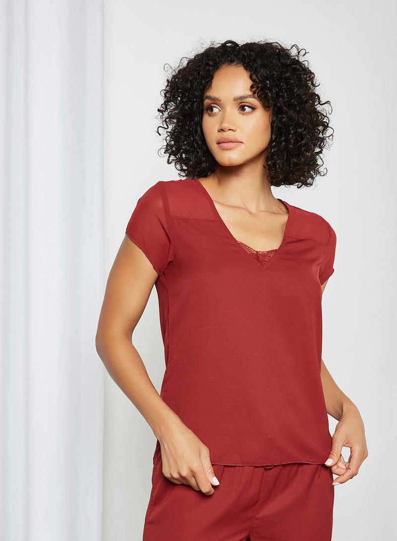 zivame Lace Panel Pyjama Top Maroon  - Image 1