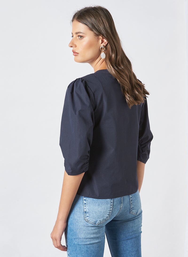 Aila Women's Casual Solid Design Three-Quarter Sleeve Button Front Top Blue  - Image 3