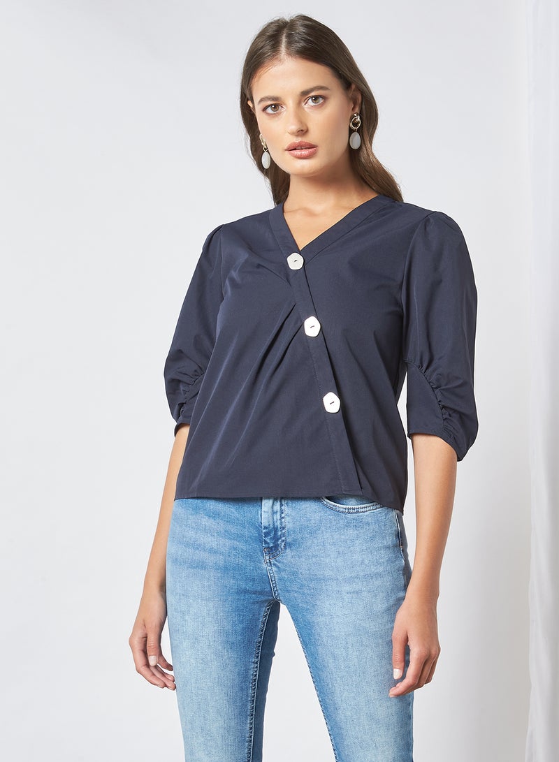 Aila Women's Casual Solid Design Three-Quarter Sleeve Button Front Top Blue  - Image 1