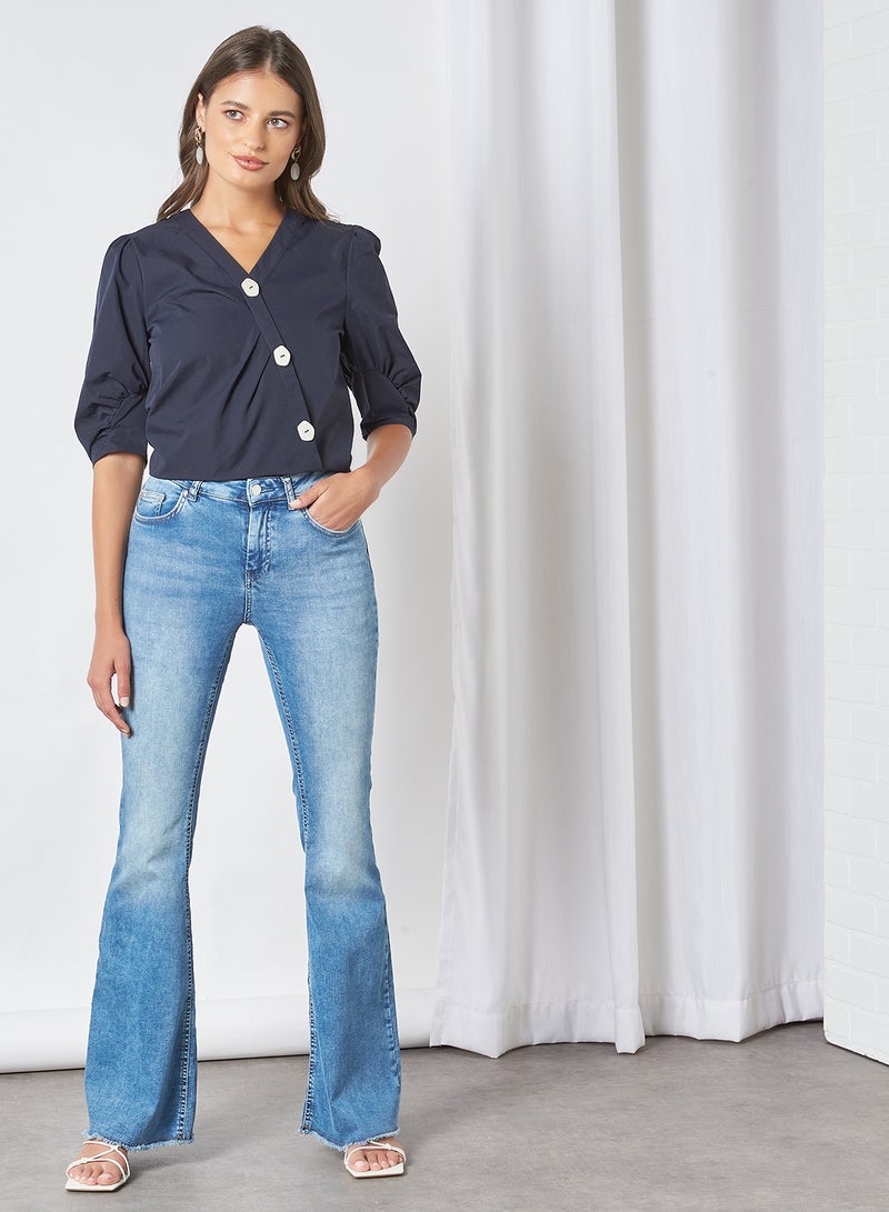 Aila Women's Casual Solid Design Three-Quarter Sleeve Button Front Top Blue  - Image 4