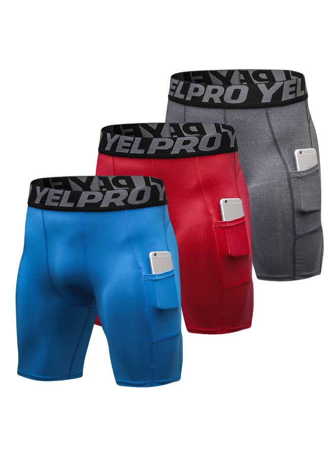3 Pack Compression Workout Shorts Blue/Red/Grey 