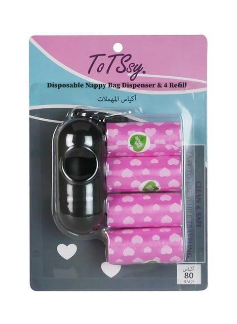 Pack Of 4 Disposable Diaper Bag Refill Rolls With Nappy Bags Dispenser -Pink And Black