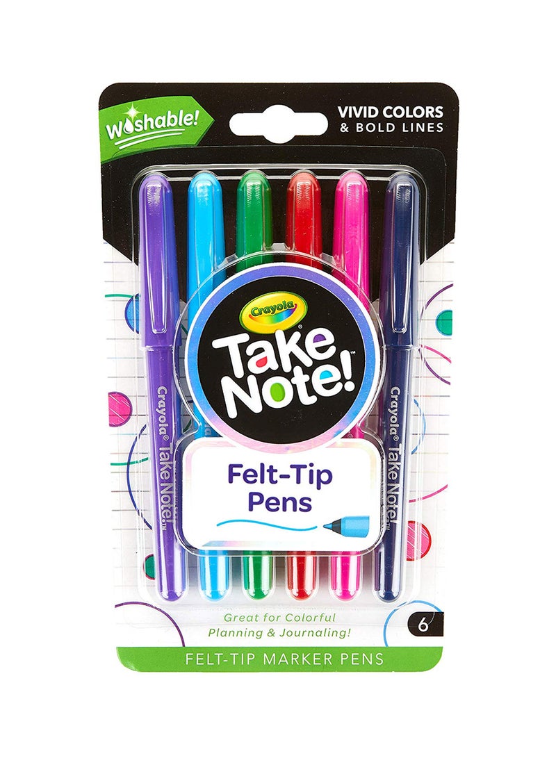 Crayola - Take Note Washable Felt Tip Pens, 6 Count 23x14x3cm - Image 1