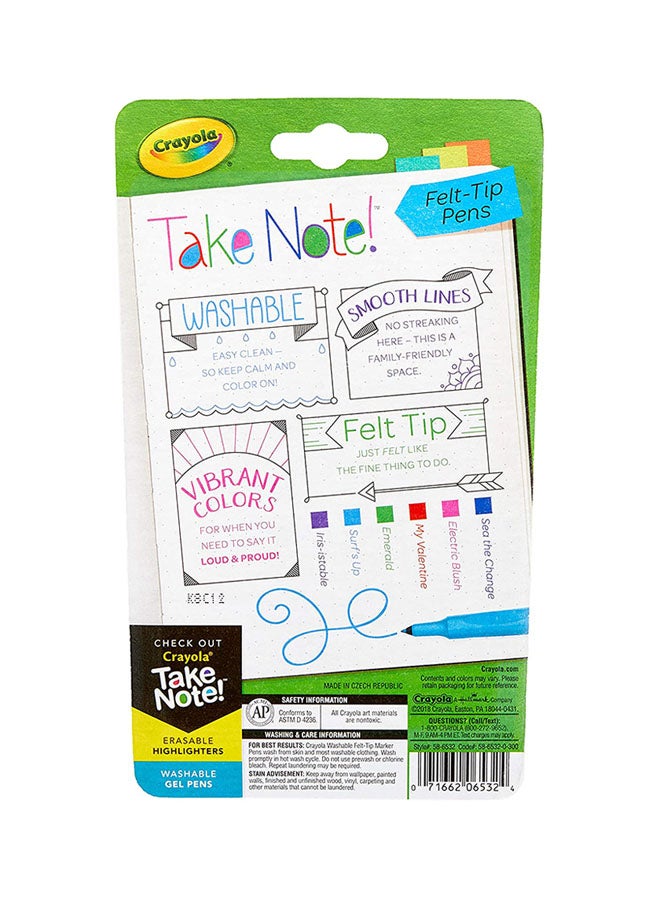 Crayola - Take Note Washable Felt Tip Pens, 6 Count 23x14x3cm - Image 1