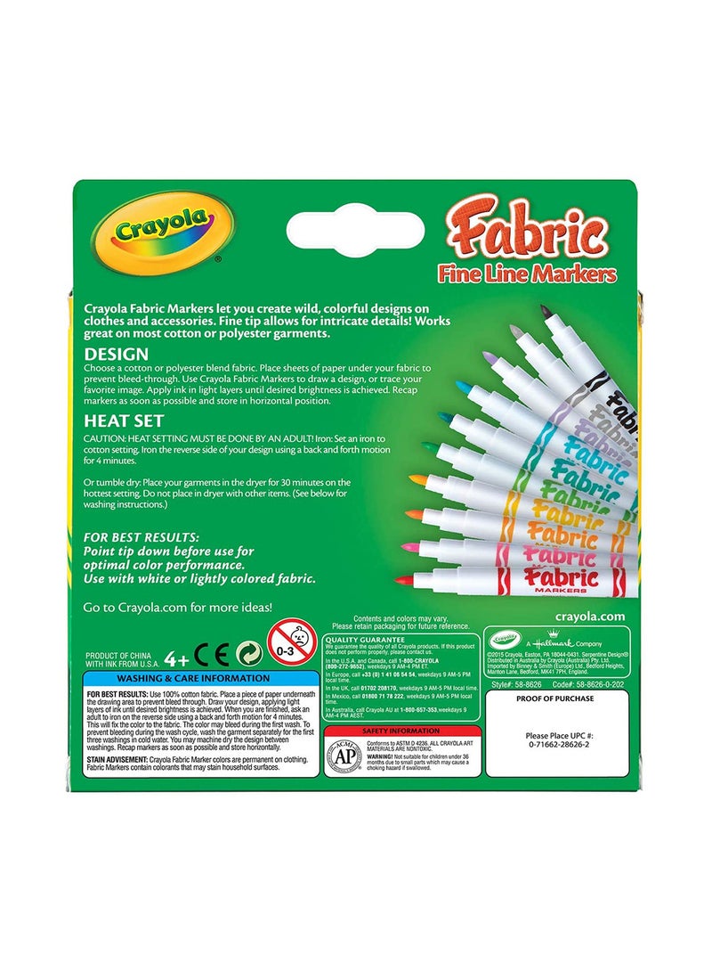 10 Piece Fine Line Fabric Markers - Colourful Detailed Designs On Clothes And Accessories 6.25x5.5x0.63cm