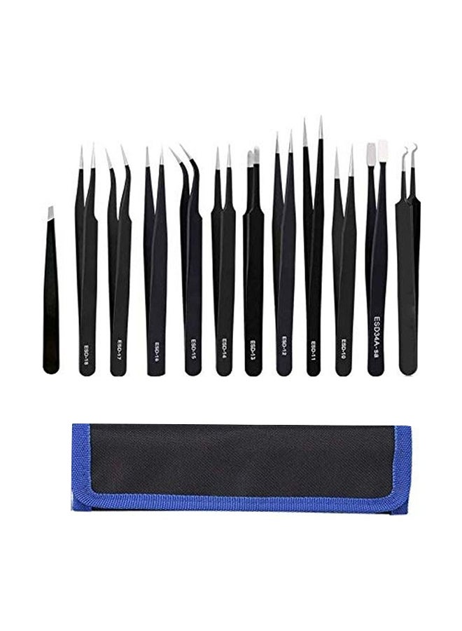 12-Piece Tweezers Precision Set With Case Black/Blue  - Image 1