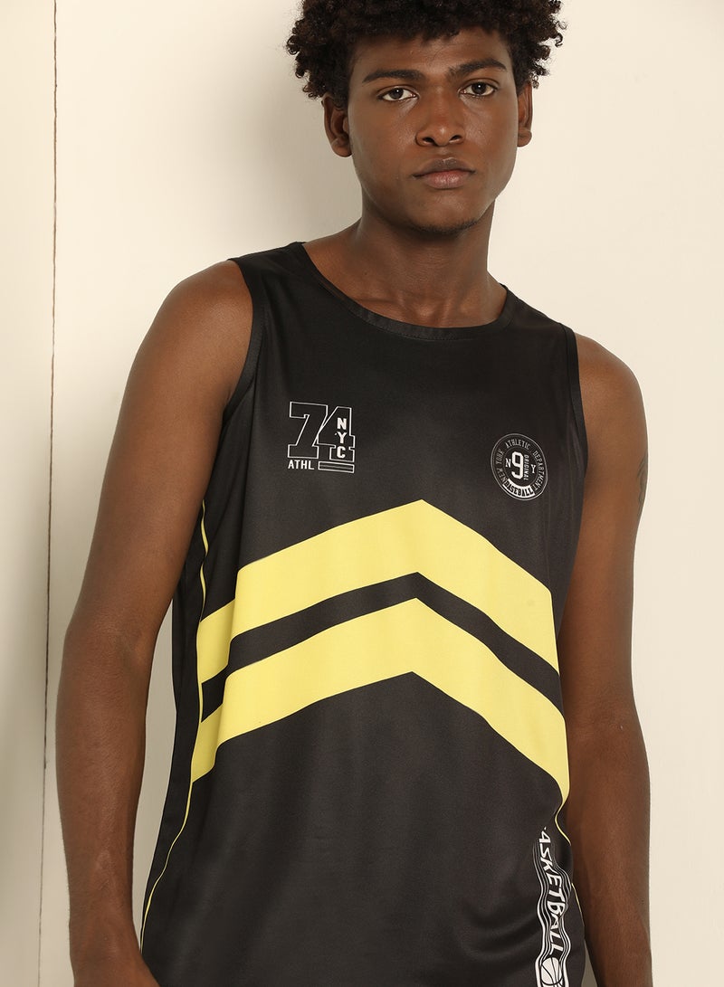 Basic Regular Fit Round Neck Printed Vest Black/Yellow Printe