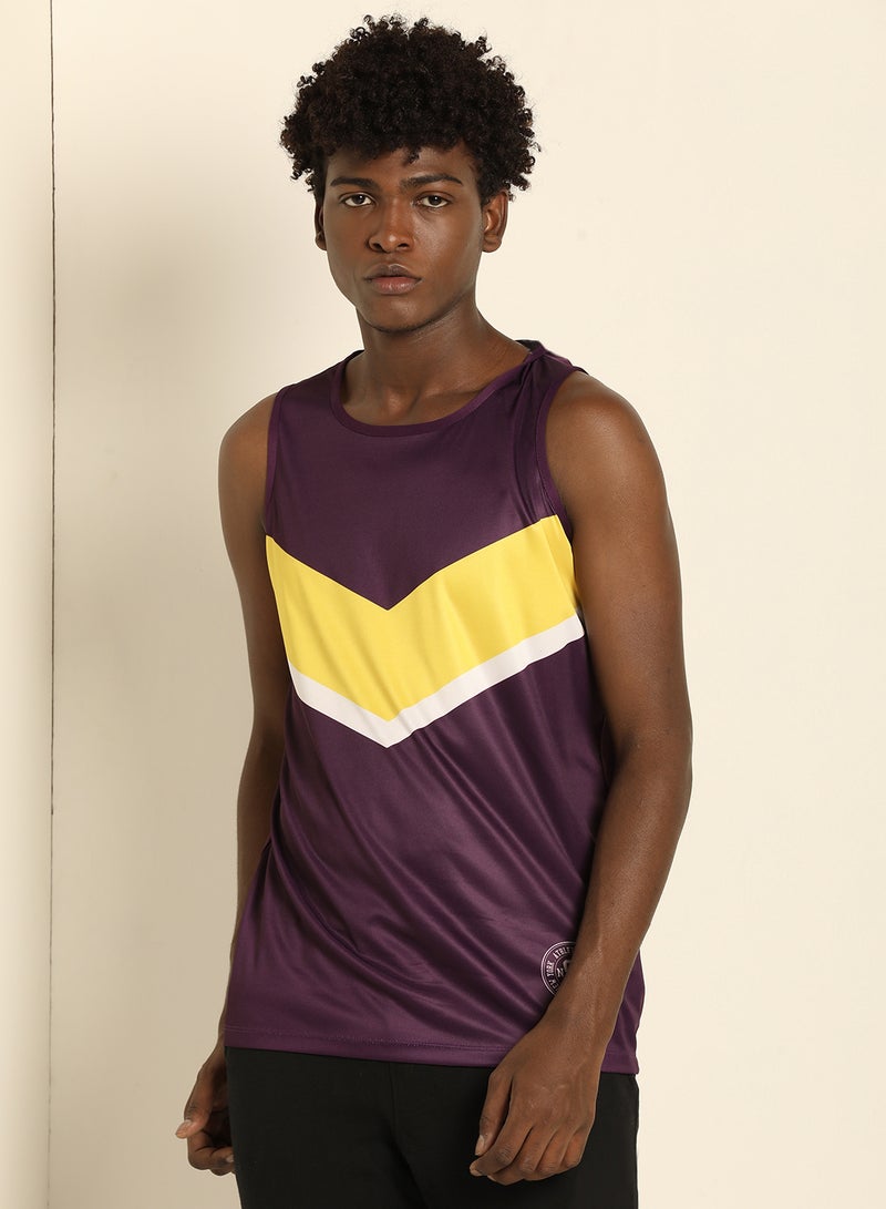 ABOF Basic Regular Fit Round Neck Colour Blocked Vest Purple/Yellow  - Image 1