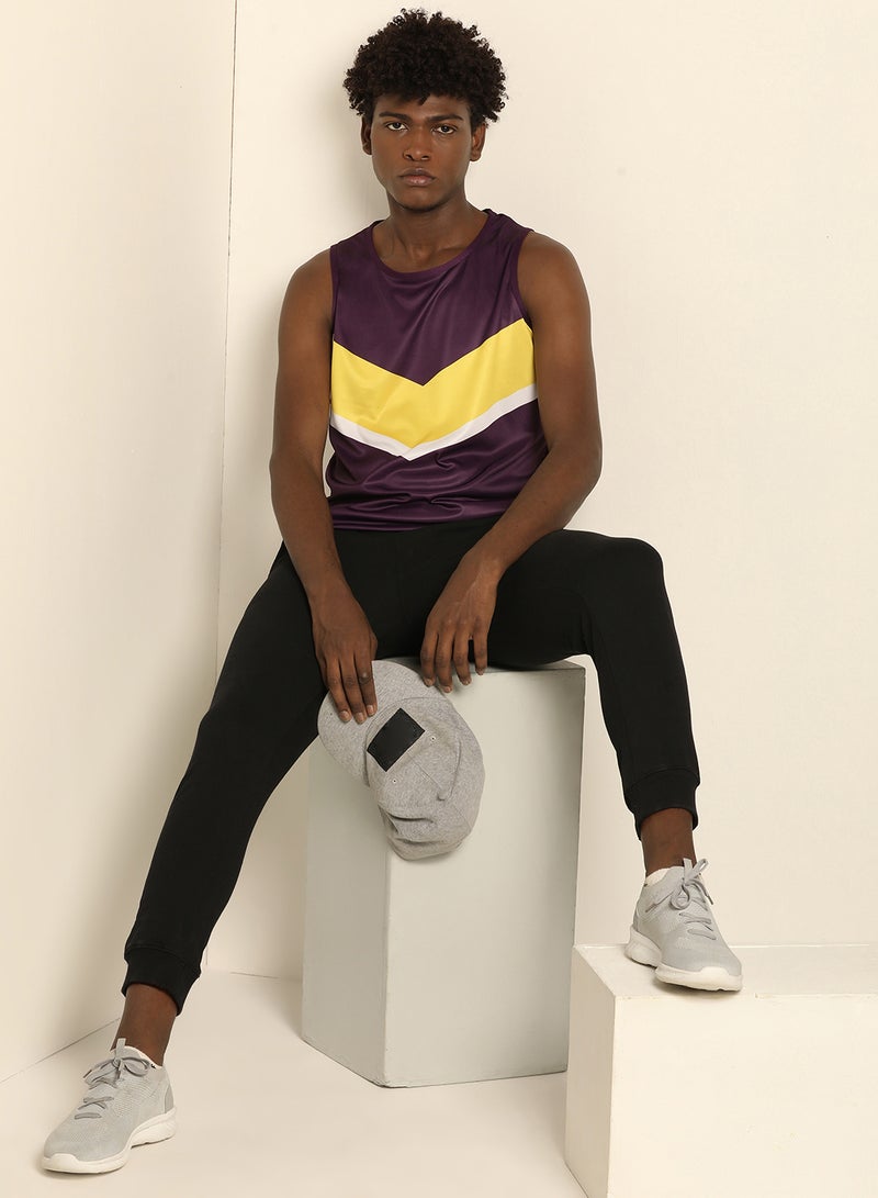 ABOF Basic Regular Fit Round Neck Colour Blocked Vest Purple/Yellow  - Image 3