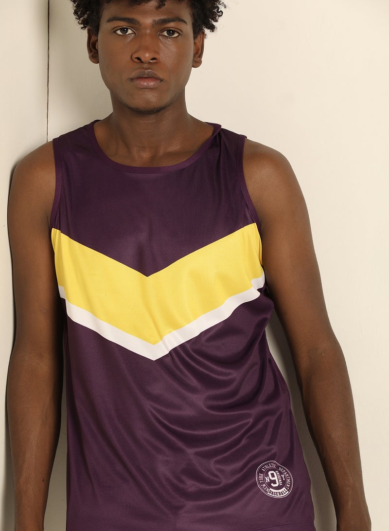 ABOF Basic Regular Fit Round Neck Colour Blocked Vest Purple/Yellow  - Image 4