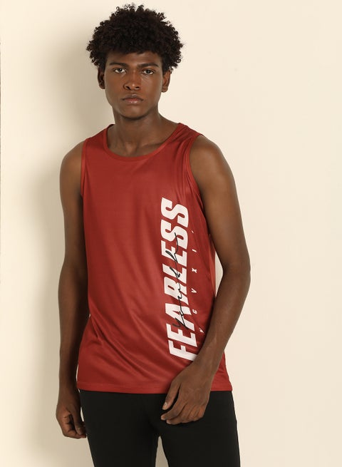 Basic Regular Fit Round Neck Fearless Printed Vest Red Shine