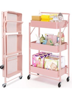 Goldedge 3-Tier Trolley With Wheels Rolling Steel Frame Utility Storage Cart Pink 17.7"inch  - Image 1
