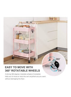 Goldedge 3-Tier Trolley With Wheels Rolling Steel Frame Utility Storage Cart Pink 17.7"inch  - Image 5