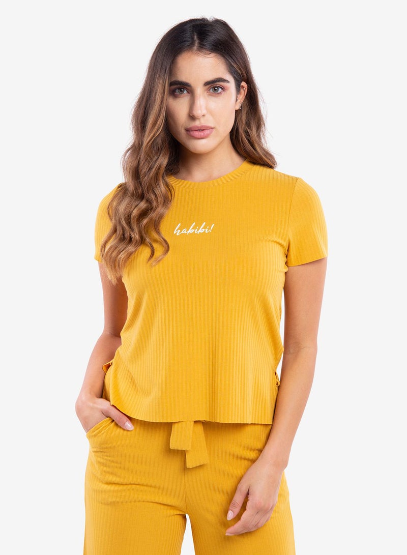 R&B Ribbed Top Short Sleeve  And Pant Set Yellow  - Image 2
