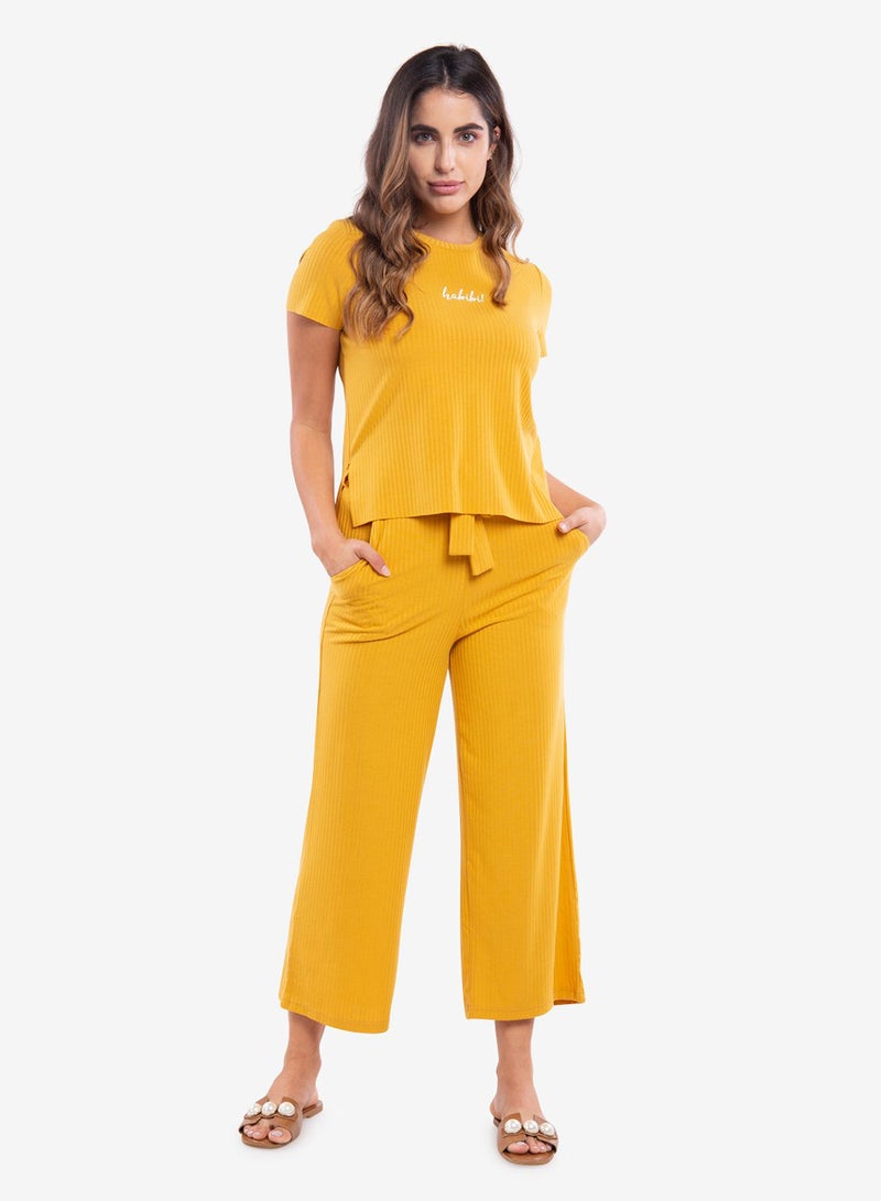 R&B Ribbed Top Short Sleeve  And Pant Set Yellow  - Image 1