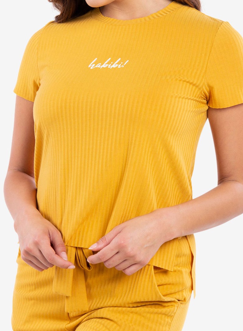 R&B Ribbed Top Short Sleeve  And Pant Set Yellow  - Image 4