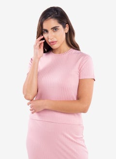 R&B Ribbed Crew Neck Crop Top Pink  - Image 2