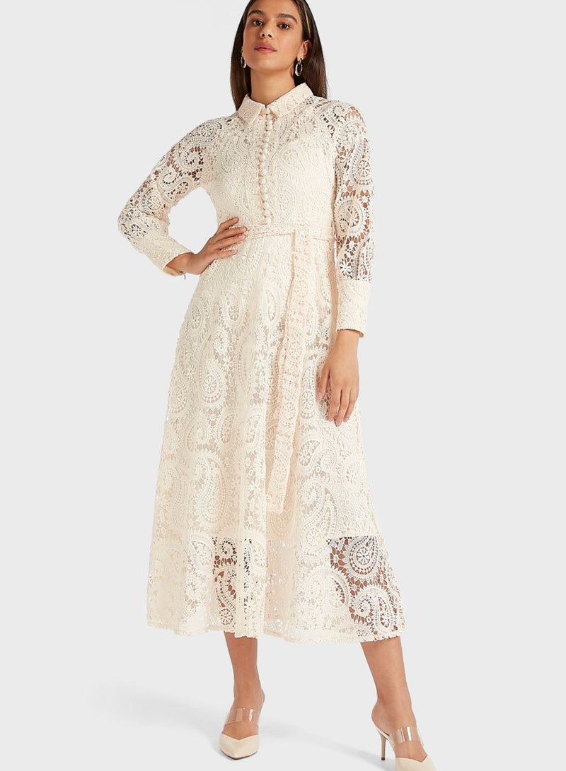 Iconic Lace Detail Half Button Midi Shirt Dress White  - Image 1