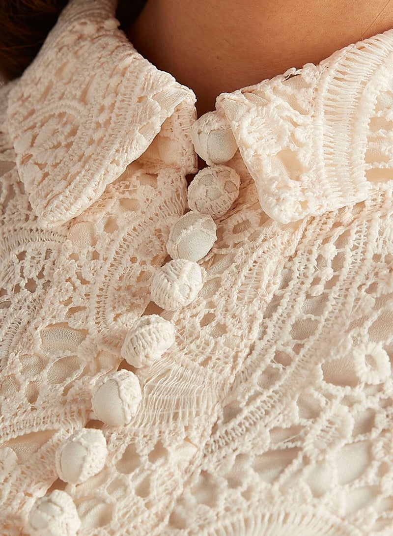 Iconic Lace Detail Half Button Midi Shirt Dress White  - Image 3