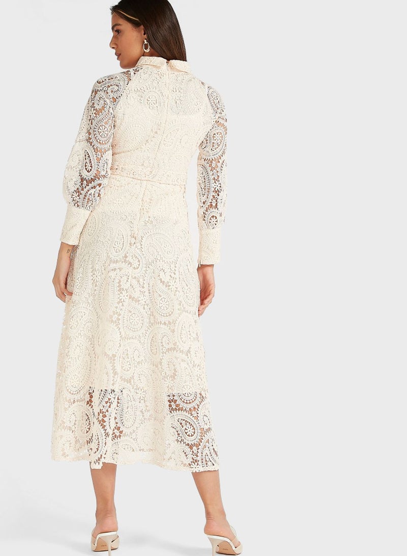 Iconic Lace Detail Half Button Midi Shirt Dress White  - Image 2
