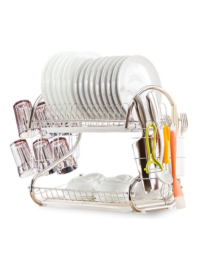 2-Tier Dish Drying Rack With Removable Drain Board White/Silver 41.5x14x25.5cm